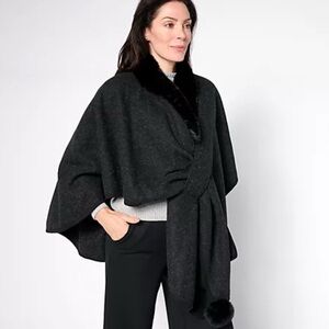 Belle by Kim Gravel Faux Fur Trim Pull Through Ruana